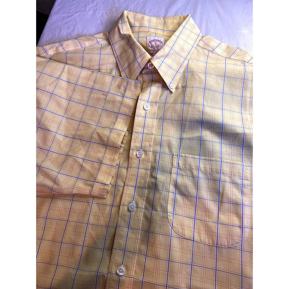 Brooks Brothers Mens Yellow Plaid Non-Iron Cotton Button Down Shirt Size Lrg